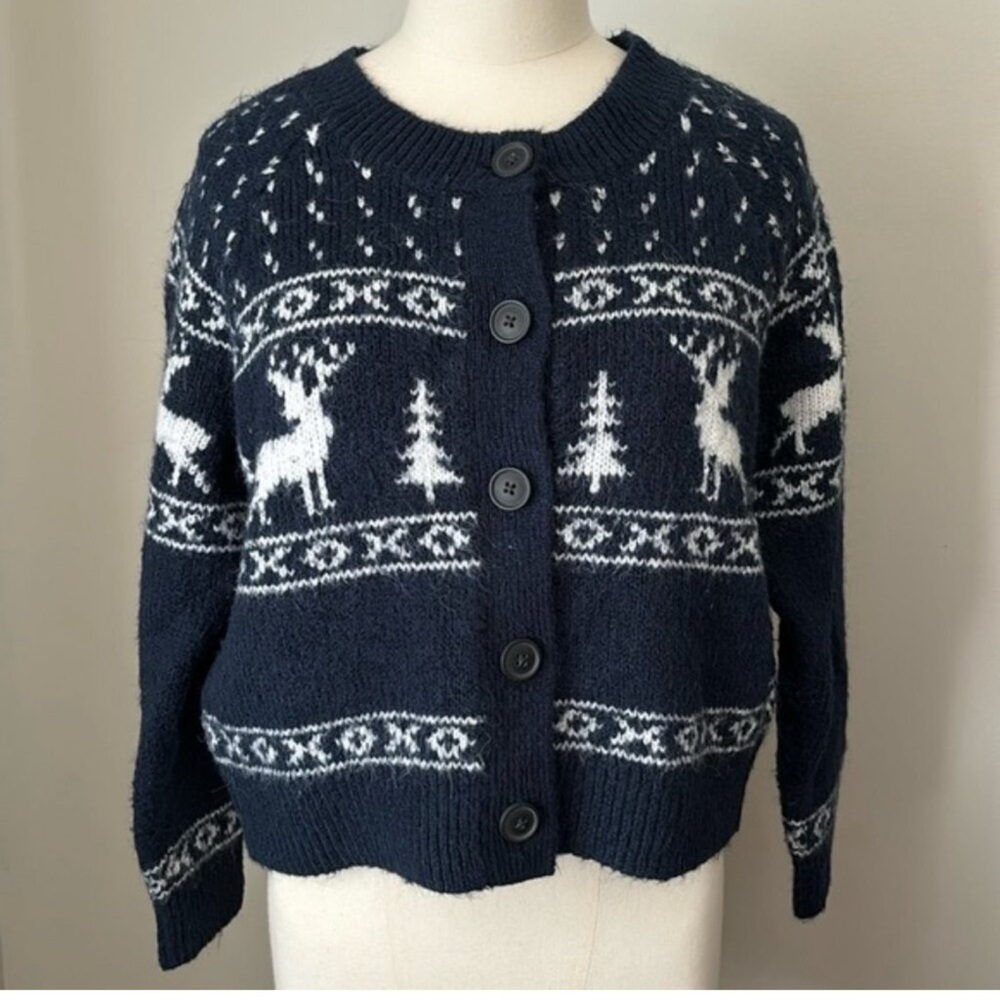 Old Navy Fair Isle Wool Blend Knit Button Up Holiday Cardigan Navy Blue/White 4X